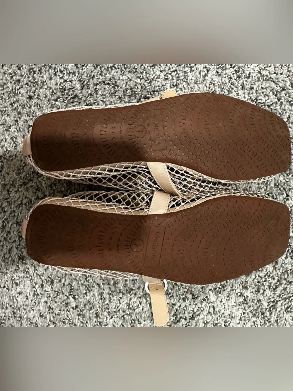 Vivianly Beige Mesh Mary Jane Flats with Buckle Strap